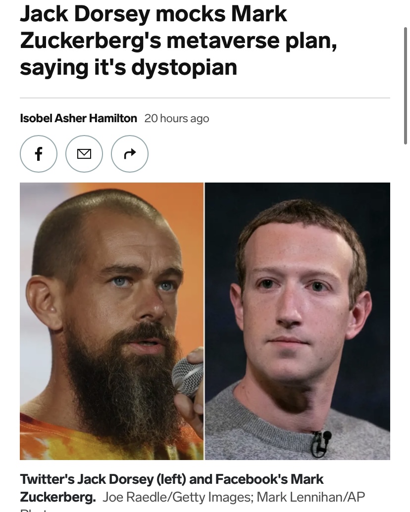 split image of Jack Dorsey and Mark Zuckerberg beneath a headline that reads "Jack Dorsey Mocks Mark Zuckerberg’s Metaverse Plan, Says It’s Dystopian"