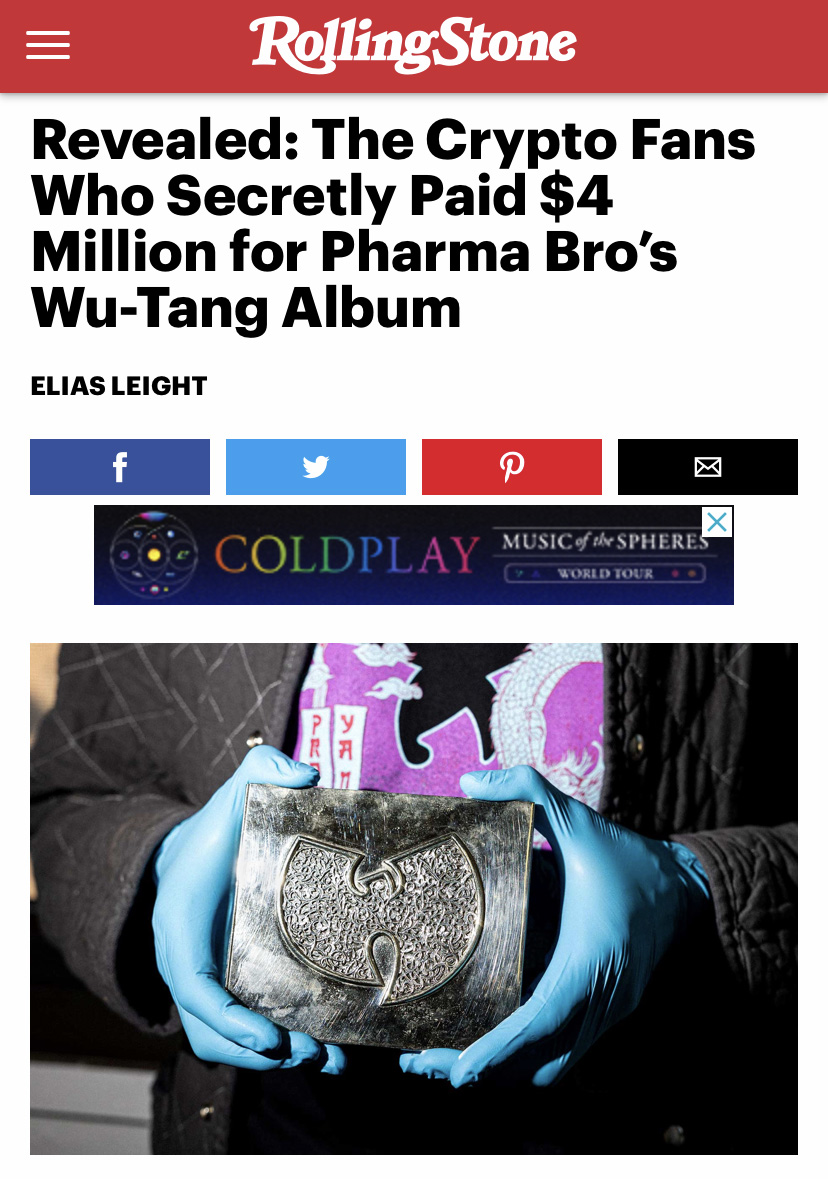 close up of hands wearing blue latex gloves holding a silver box with the Wu-Tang logo on it beneath the headline "Revealed: The Crypto Fans Who Secretly Paid $4 Million for Pharma Bro’s Wu-Tang Album"