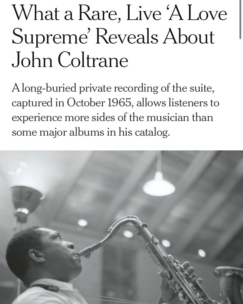 Black and white profile photo of John Coltrane playing a saxophone beneath a headline that reads "What a Rare, Live ‘A Love Supreme’ Reveals About John Coltrane"