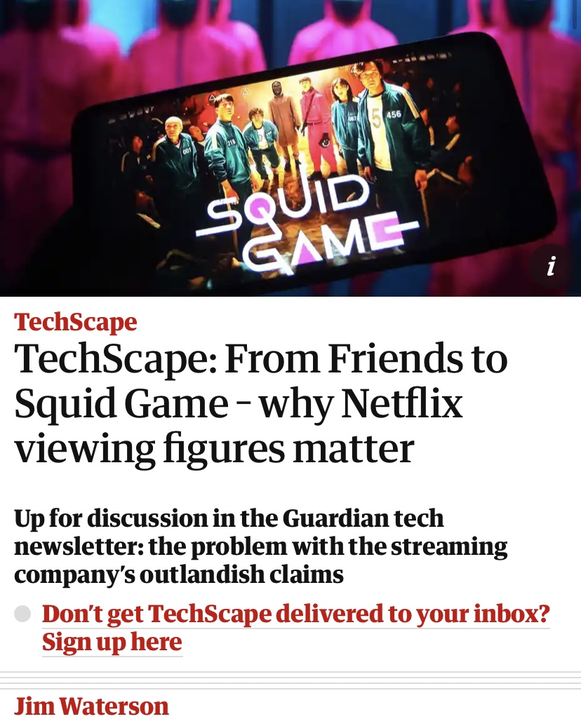 a phone displaying a Squid Game screenshot above a headline that reads "From Friends to Squid Game: Why Netflix Viewing Figures Matter"