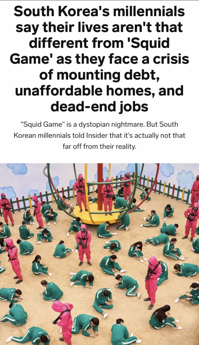 A group of characters in green jump suits from the TV show Squid Games below a headline that reads "South Korea’s Millennials Say Their Lives Aren’t That Different Than ‘Squid Game’"