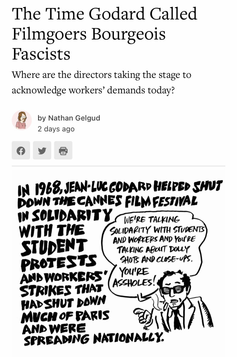 A cartoon of Jean-Luc Godard beneath a headline that reads "The Time Godard Called Filmgoers Bourgeois Fascists"