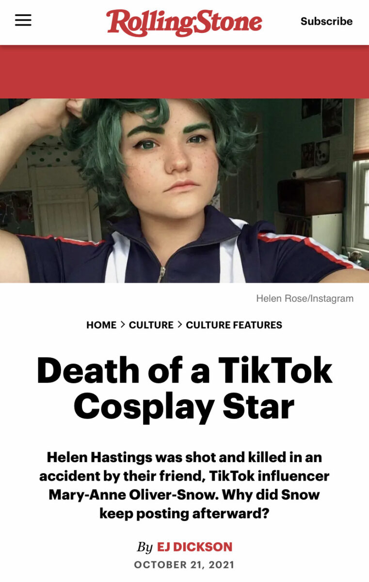 Helen Hastings cosplay star above a headline that reads "Death of a TikTok Cosplay Star"