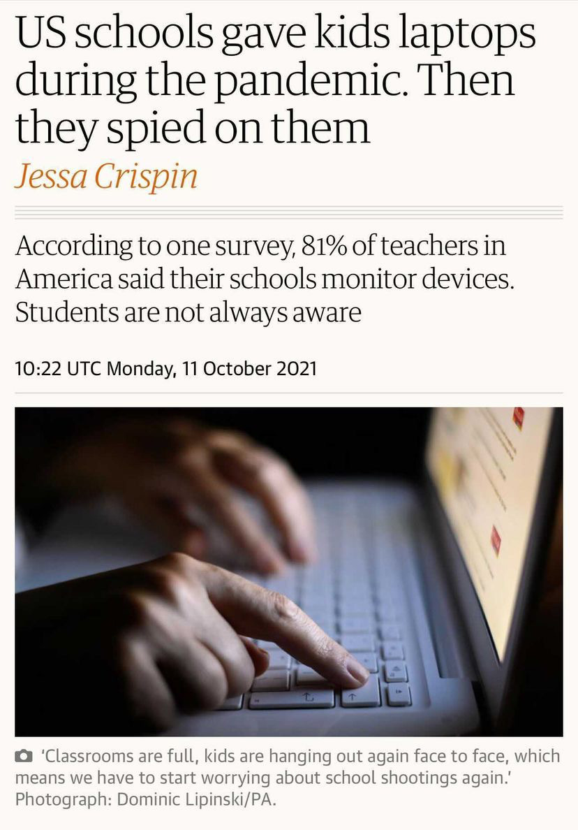 Fingers typing on a laptop below a headline that reads "US schools gave kids laptops during the pandemic. Then they spied on them"