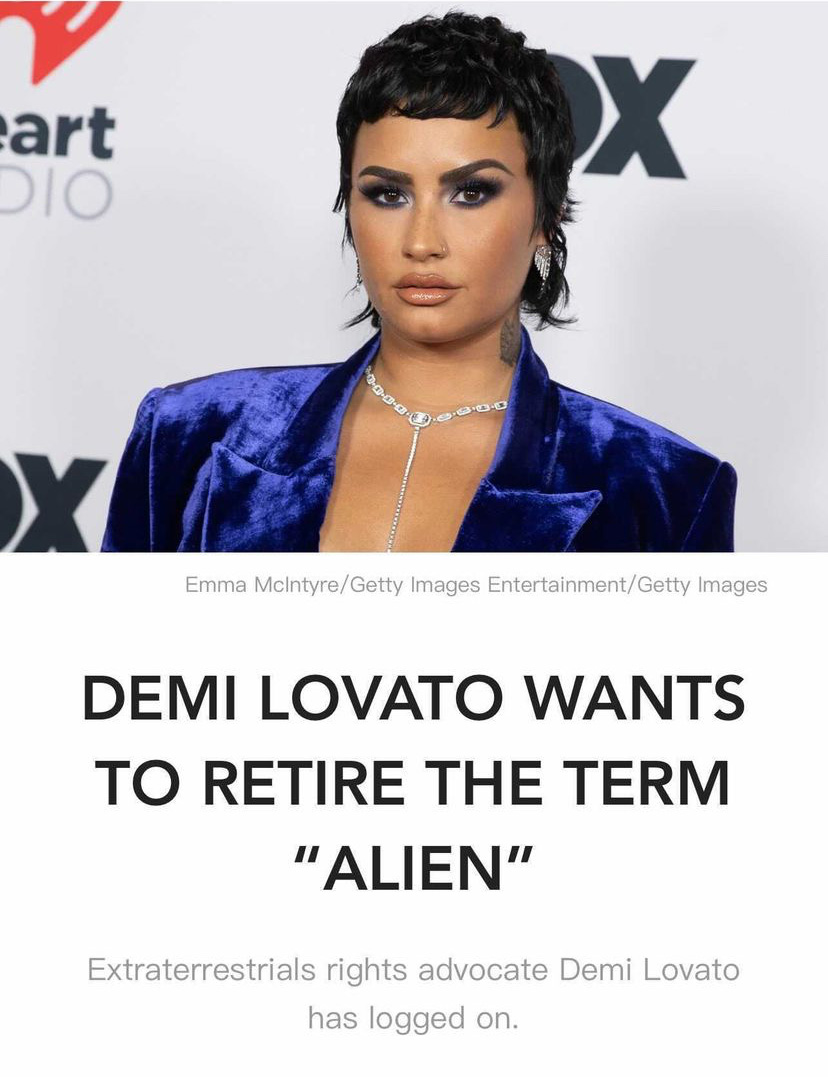Demi Lovato in a blue blazer above a headline that reads "Demi Lovato wants to retire the term ‘Alien’"