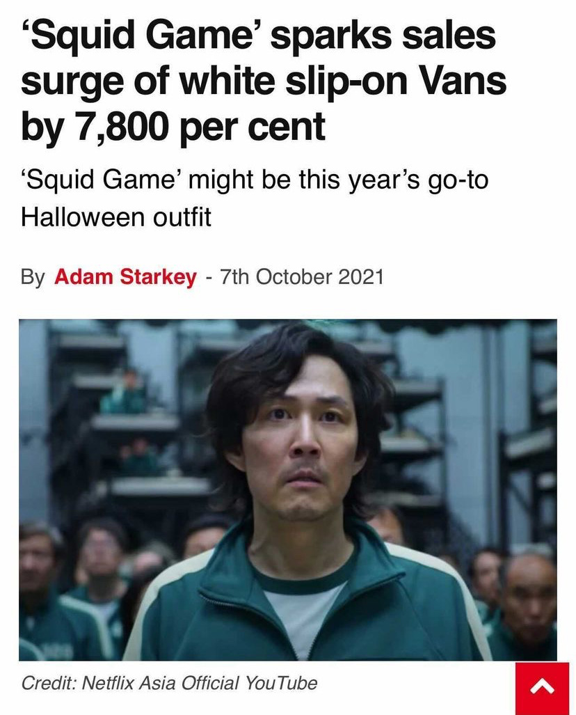 Squid Games character in green track suit below a headline that reads "‘Squid Game’ sparks sales surge of white slip-on Vans by 7,800 per cent"