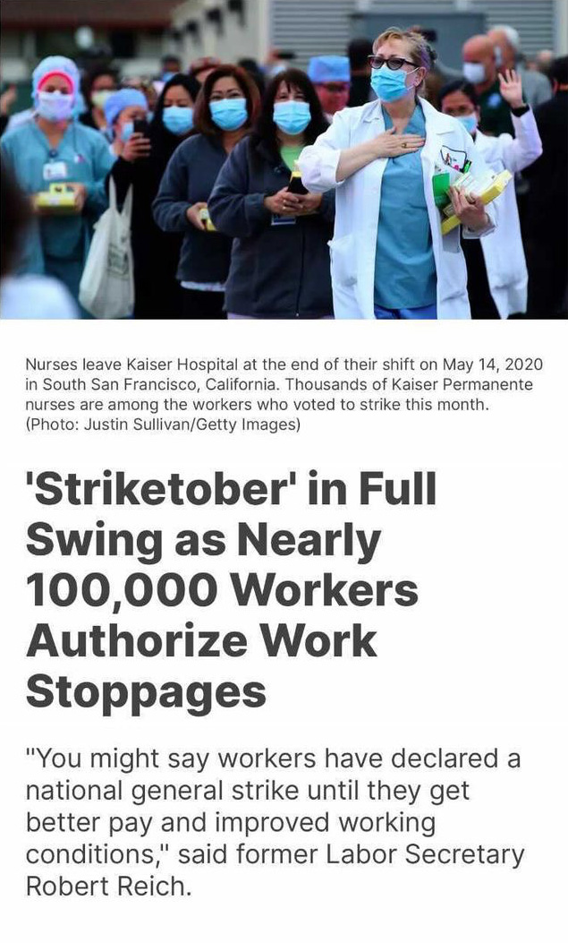 A group of medical workers in masks standing outside "’Striketober’ in Full Swing as Nearly 100,000 Workers Authorize Work Stoppages"