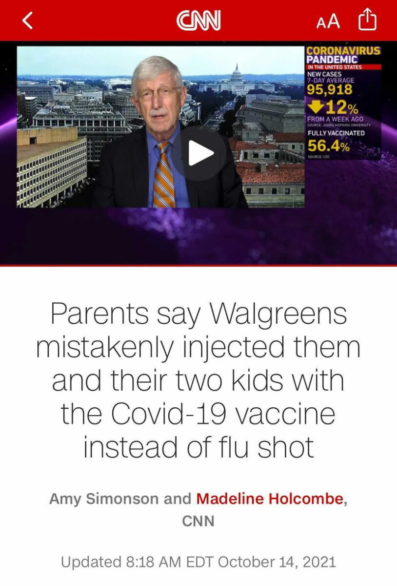 Older male news anchor speaking next to Coronavirus statistics above a headline that reads "Parents say Walgreens mistakenly injected them and their two kids with the Covid-19 vaccine instead of flu shot"