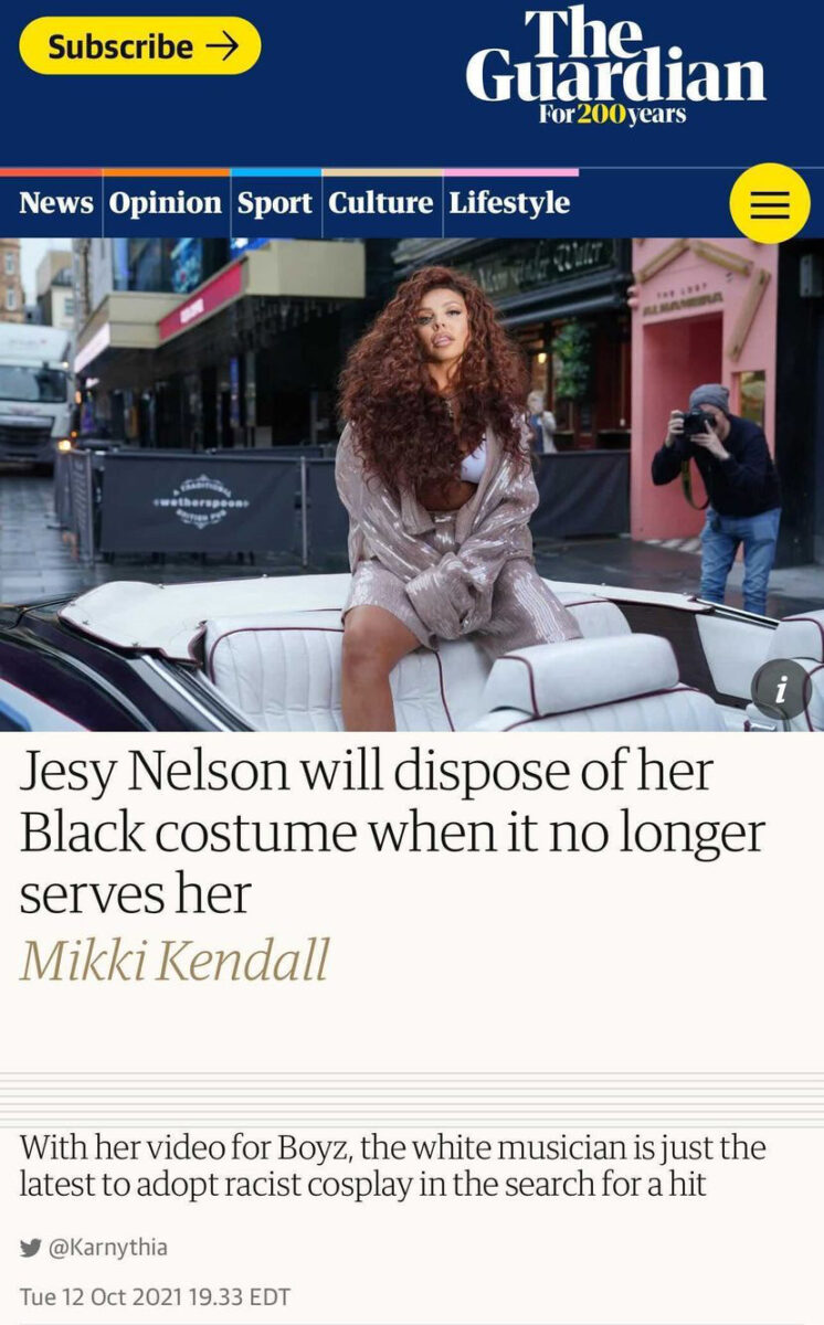 A woman sits in the back of a convertible car while being photographed from behind above a headline that reads "Jesy Nelson will dispose of her Black costume when it no longer serves her"