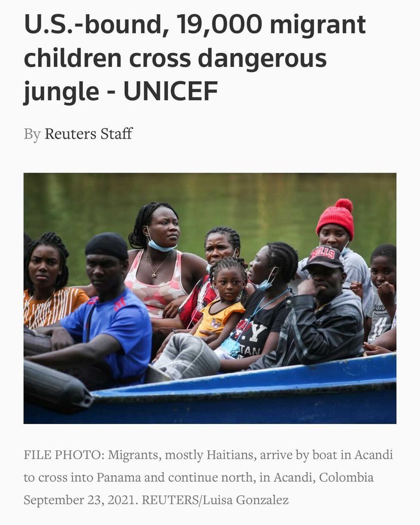 A group of Haitian men and women in a boat below a headline that reads "U.S.-bound, 19,000 migrant children cross dangerous jungle"