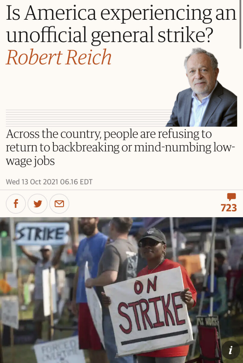 News story screenshot with a person holding a sign that reads "on strike" below a headline that reads "Is America experiencing a an unofficial general strike?"