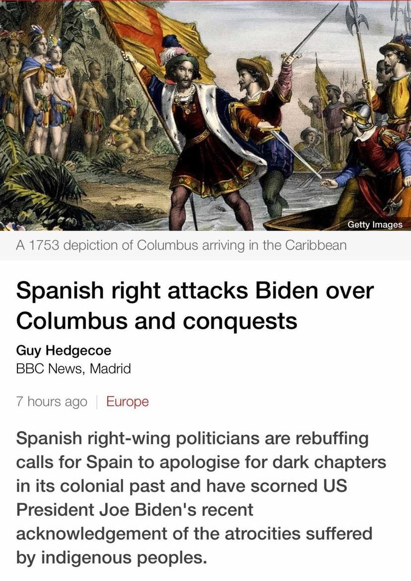A 1753 depiction of Columbus arriving in the Caribbean above a headline that reads "Spanish right attacks Biden over Columbus and conquests"