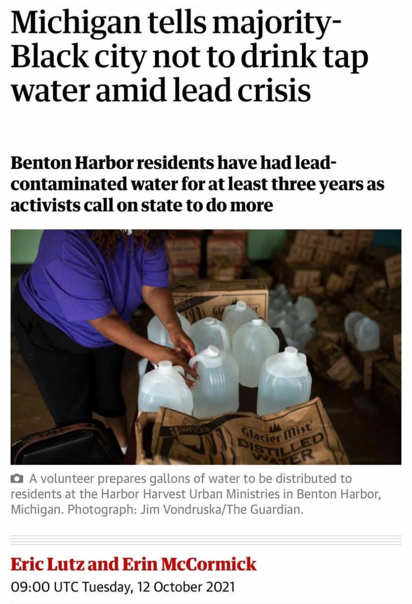 Person holding plastic jugs of water below the headline "Michigan tells majority-Black city not to drink tap water amid crisis"
