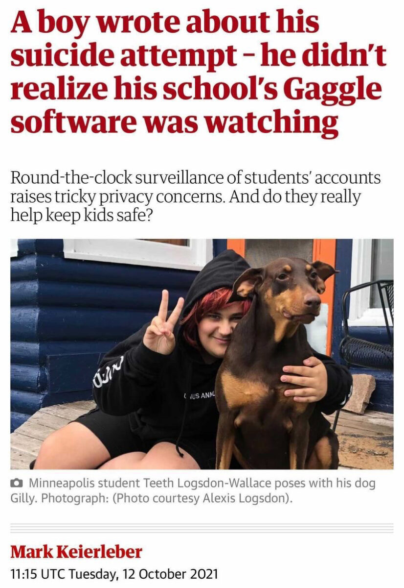 A child with a doberman dog below a headline that reads "A boy wrote about his suicide attempt – he didn’t realize his school’s Gaggle software was watching"
