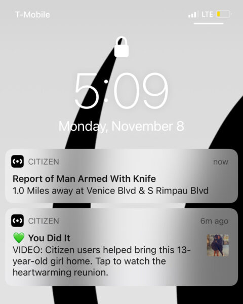 iPhone screenshot with Citizen app pop up on it