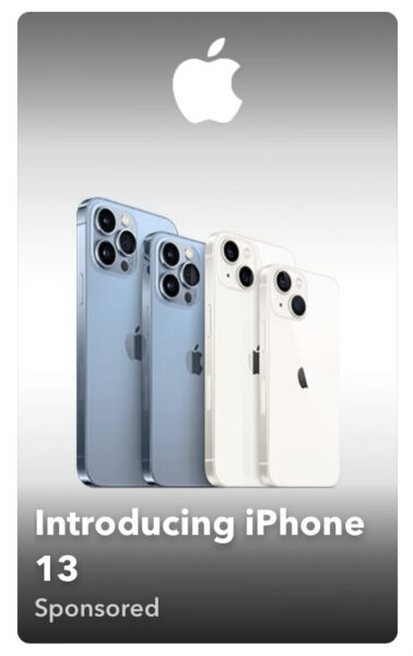 an iPhone 13 advertisment with 4 phones standing vertically
