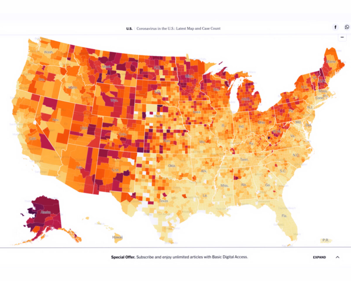 Heat map of United States with the title "Coronavirus in the U.S.: Latest Maps and Case Count"