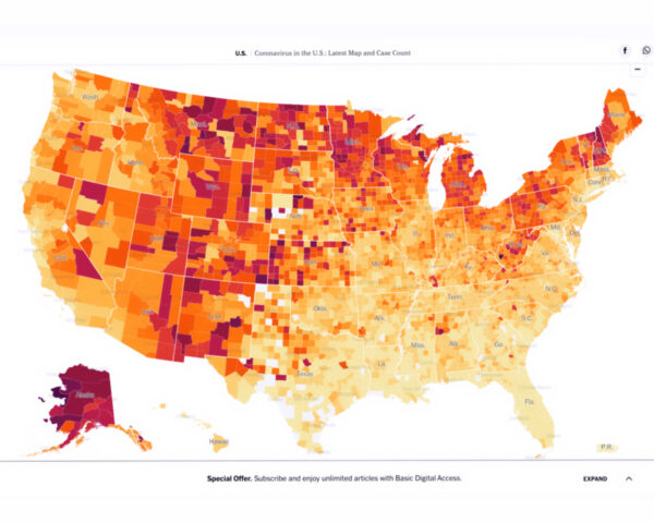Heat map of United States with the title "Coronavirus in the U.S.: Latest Maps and Case Count"