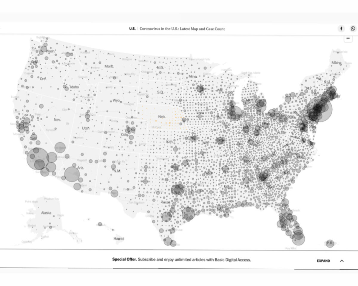Heat map of United States with the title "Coronavirus in the U.S.: Latest Maps and Case Count"