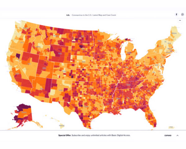 Heat map of United States with the title "Coronavirus in the U.S.: Latest Maps and Case Count"