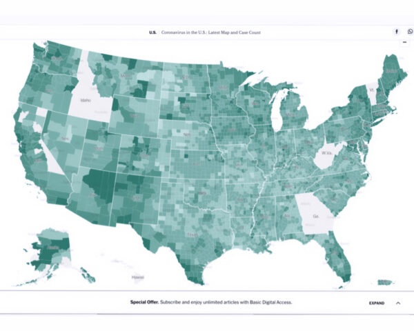 Heat map of United States with the title "Coronavirus in the U.S.: Latest Maps and Case Count"