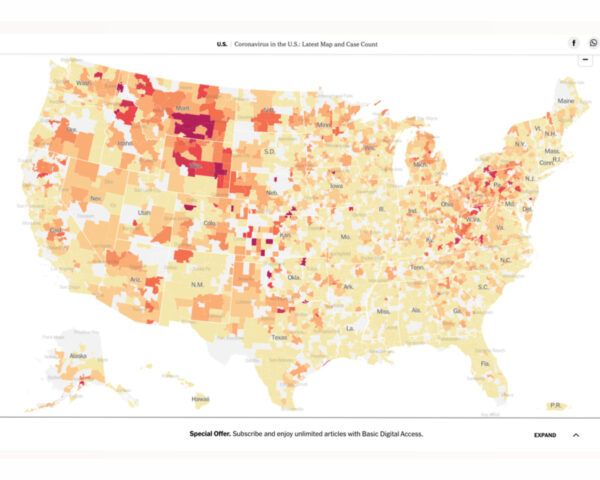 Heat map of United States with the title "Coronavirus in the U.S.: Latest Maps and Case Count"
