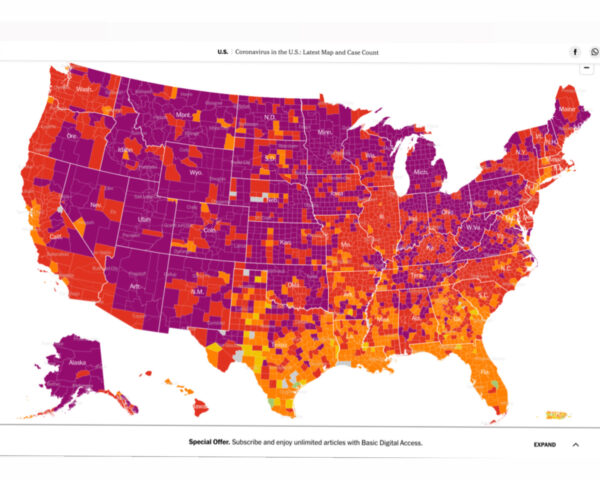 Heat map of United States with the title "Coronavirus in the U.S.: Latest Maps and Case Count"