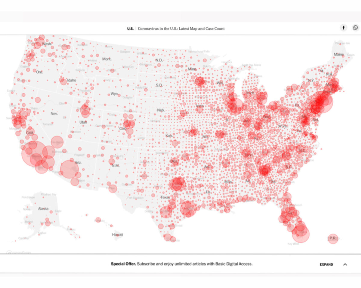 Heat map of United States with the title "Coronavirus in the U.S.: Latest Maps and Case Count"