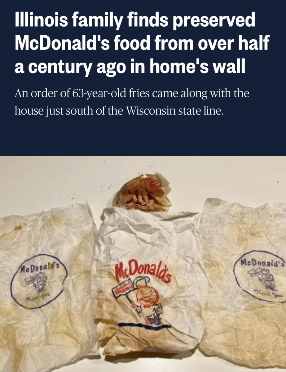 three old vintage McDonad's food take away bags beneath a headline that reads "Illinois family finds preserved McDonald's food from over half a century ago in home's wall