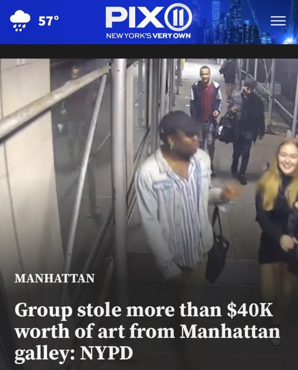 A group of young people walking beneath scaffolding in NYC above a headline that reads "Group stole more than $40K worth of art from Manhattan galley"