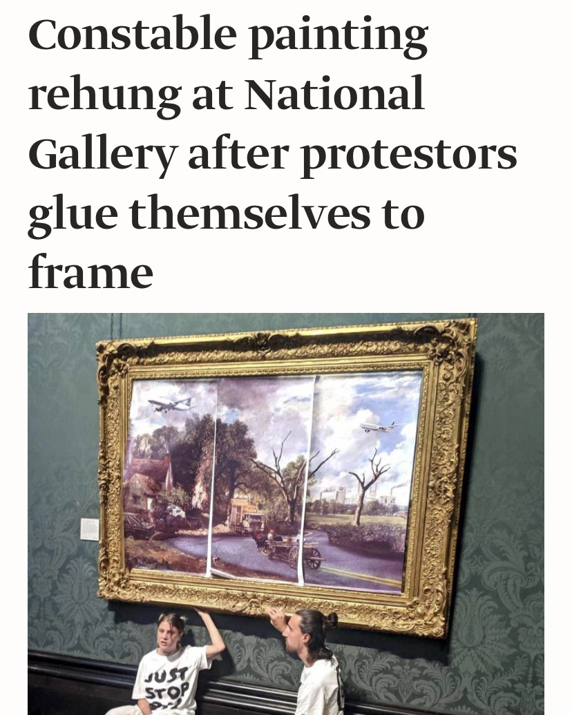 two Just Stop Oil activists with hands glued to a Constable painting beneath a headline that reads "Constable painting rehung at National Gallery after protestors glue themselves to frame"