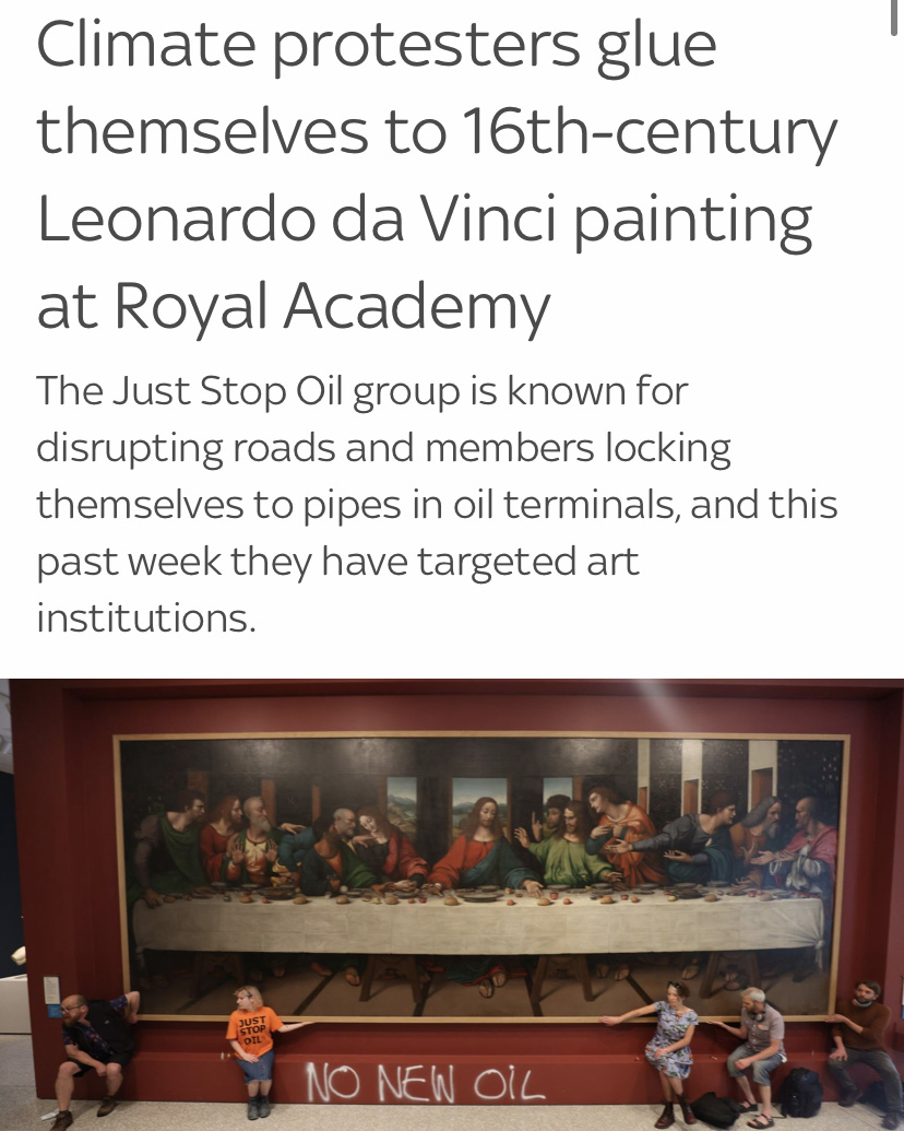 five activists with their hands glued to a painting by Leonardo da Vinci beneath a headline that reads "Climate protesters glue themselves to 16th-century Leonardo da Vinci painting at Royal Academy"