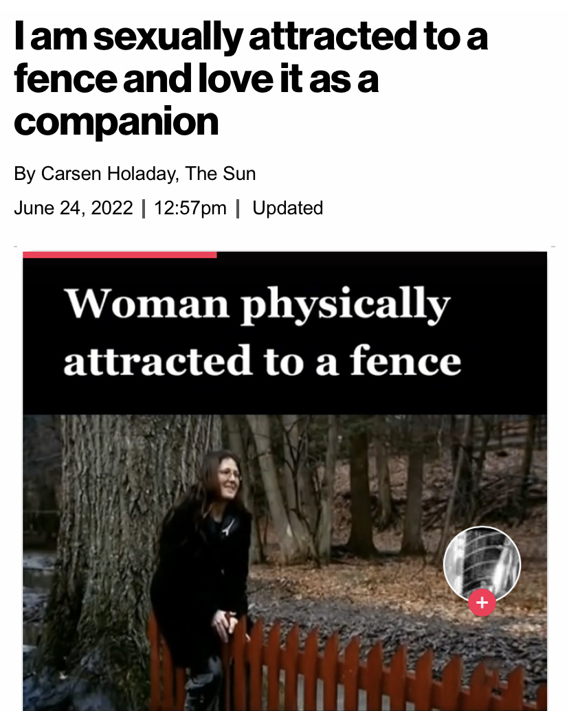 a woman sitting on a red fence beneath a headline that reads "I am sexually attracted to a fence and love it as a companion"