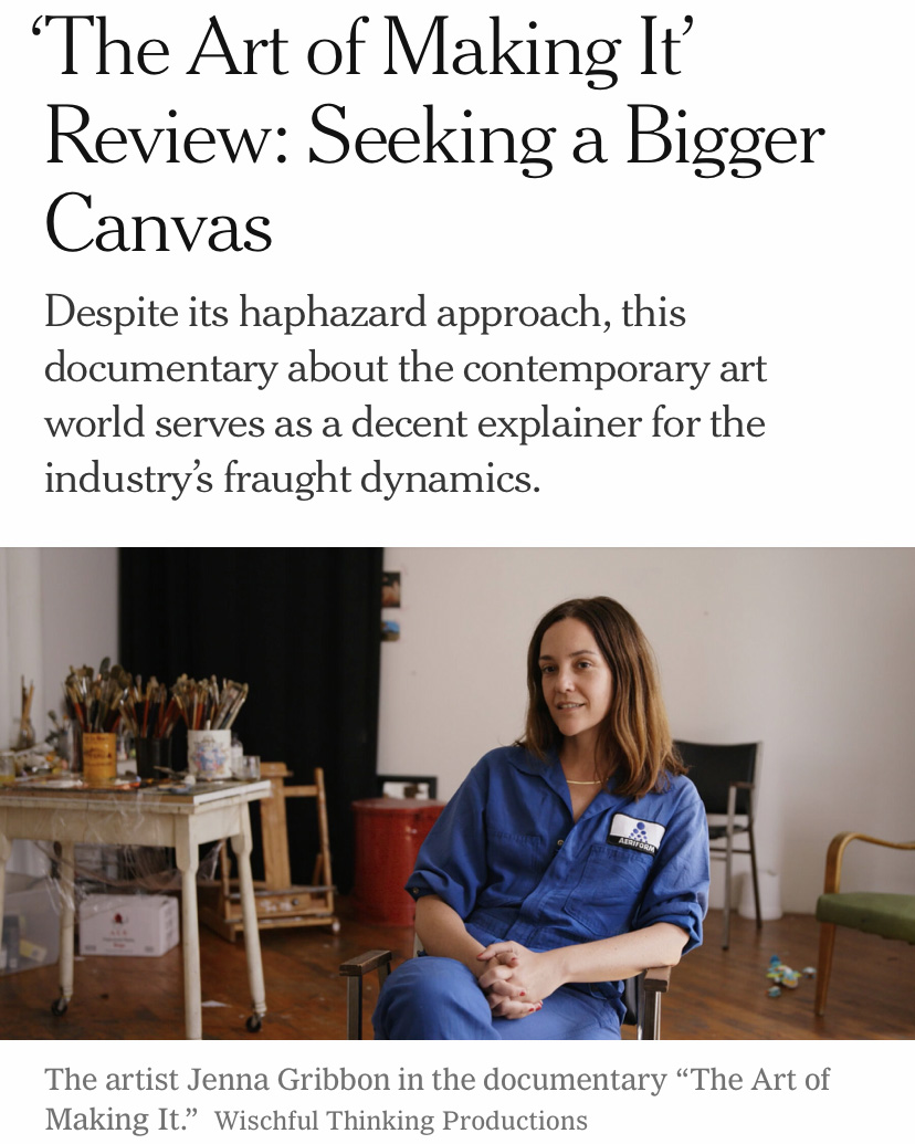 artist Jenna Gribbon sitting in her studio beneath a headline that reads "The Art of Making It’ Review: Seeking a Bigger Canvas"