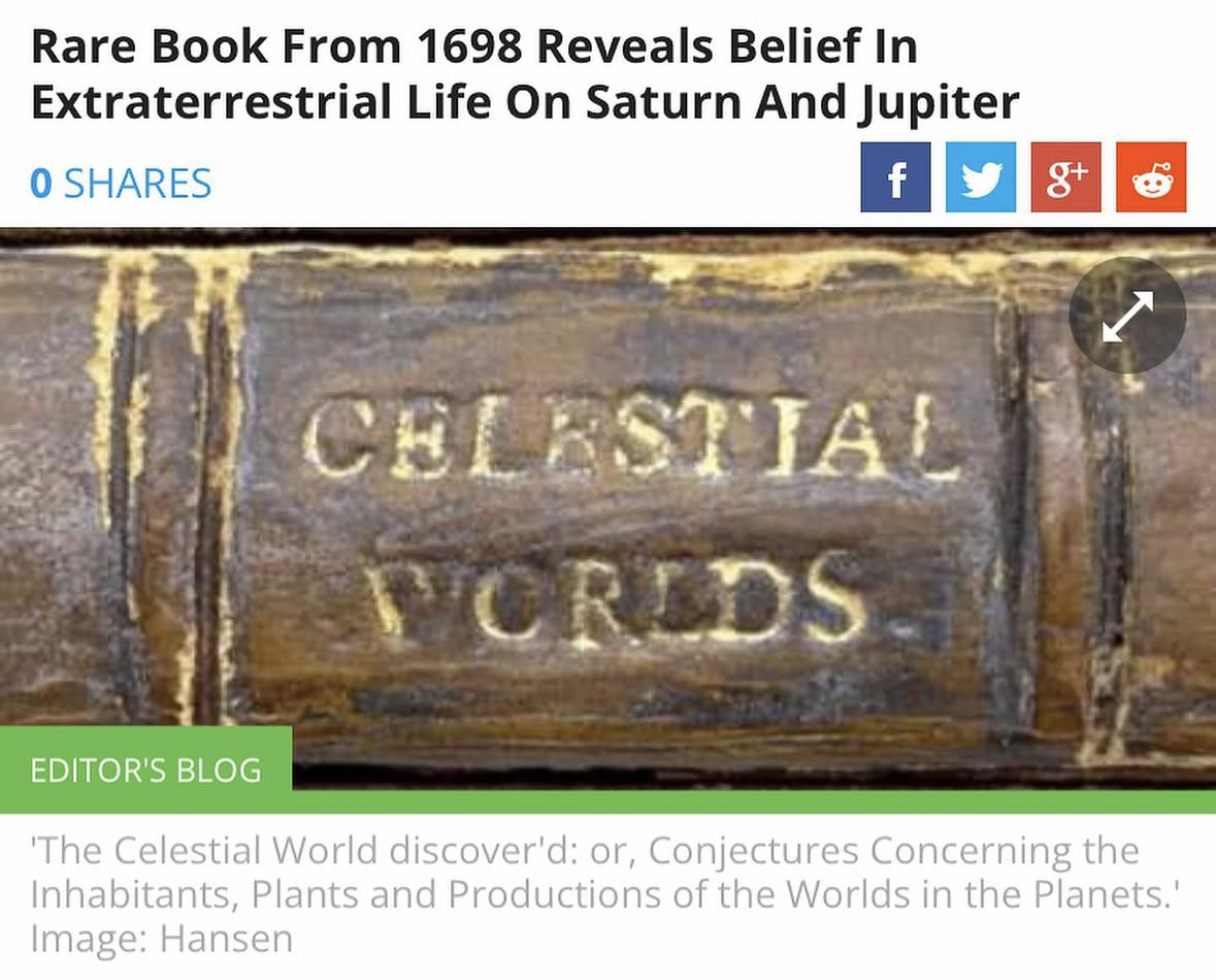 close up of a leather bound book spine with Celestial Worlds written on it beneath a headline that reads "Rare Book From 1698 Reveals Belief In Extraterrestrial Life On Saturn And Jupiter"