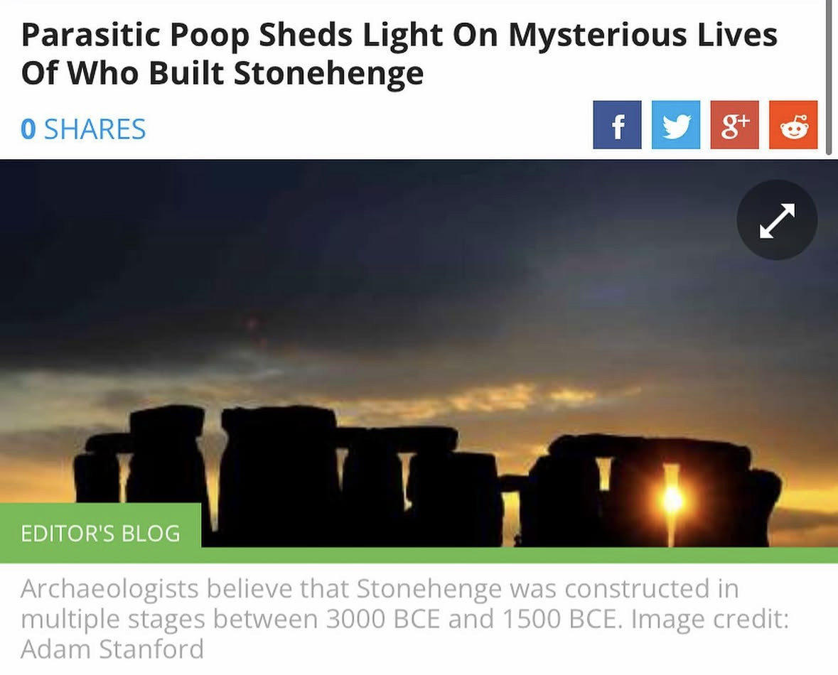 sun setting behind Stonehenge beneath a headline that reads "Parasitic Poop Sheds Light On Mysterious Lives Of Who Built Stonehenge"