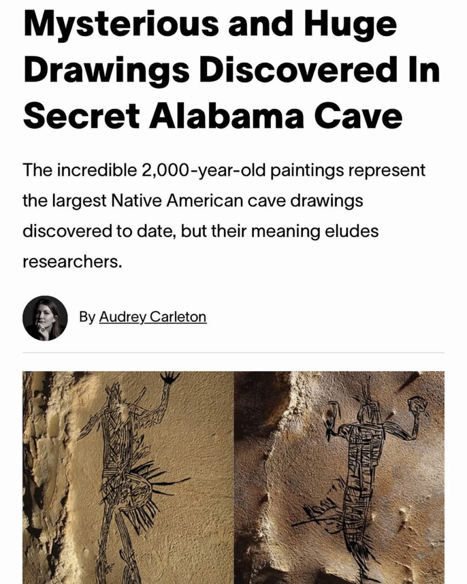 two cave drawings beneath a headline that reads "Mysterious and Huge Drawings Discovered In Secret Alabama Cave"