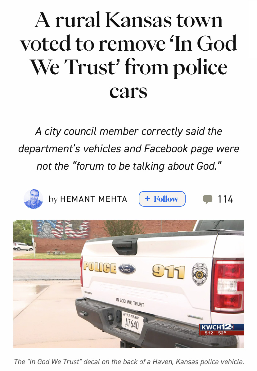 back of a white pickup truck with Police 911 writen on it, beneath a headline that reads "A rural Kansas town voted to remove ‘In God We Trust’ from police cars"