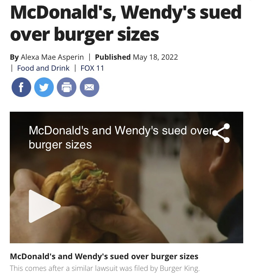 over the shoulder image of a person eating a fast food chicken sandwich beneath a headline that reads "McDonald's, Wendy's sued over burger sizes"