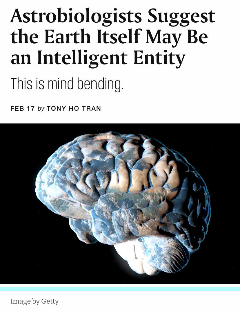 a profile image of a human brain with coloring to make it resemble planet Earth beneath a headline that reads "Astrobiologists Suggest the Earth Itself May Be an Intelligent Entity"