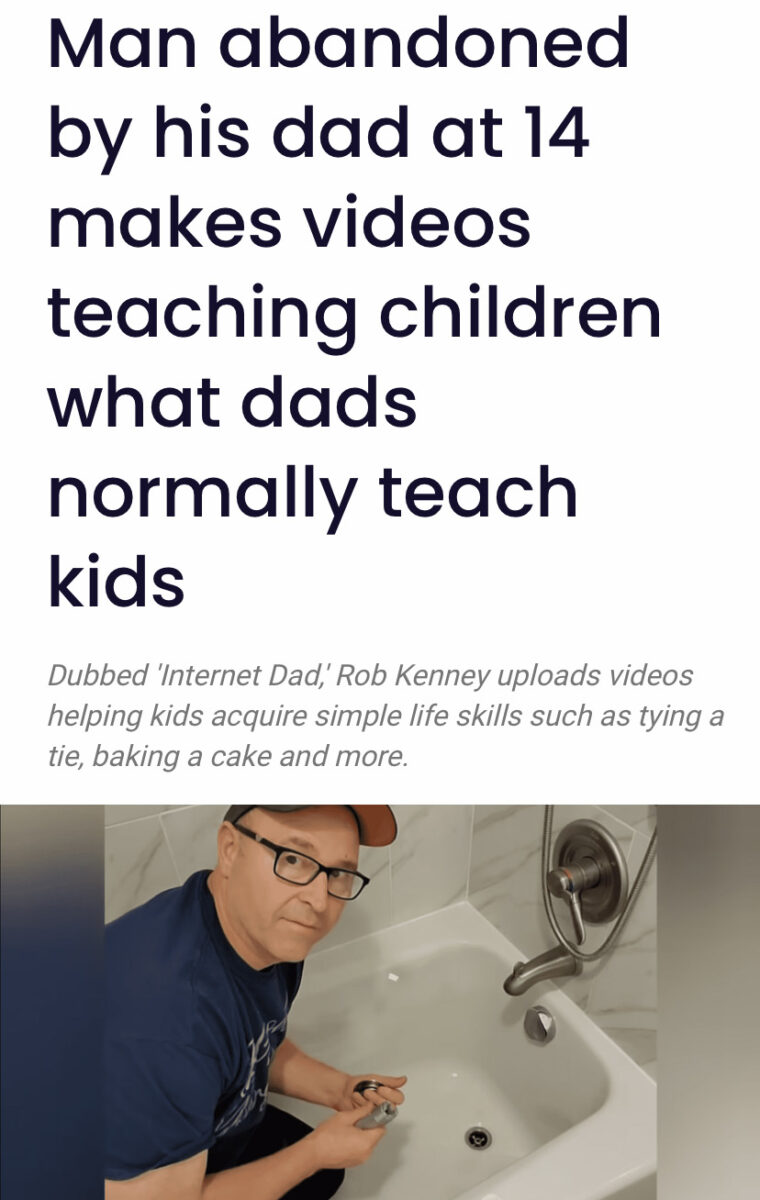 man fixing something in a bathtub beneath a headline that reads "Man abandoned by his dad at 14 makes videos teaching children what dads normally teach kids"