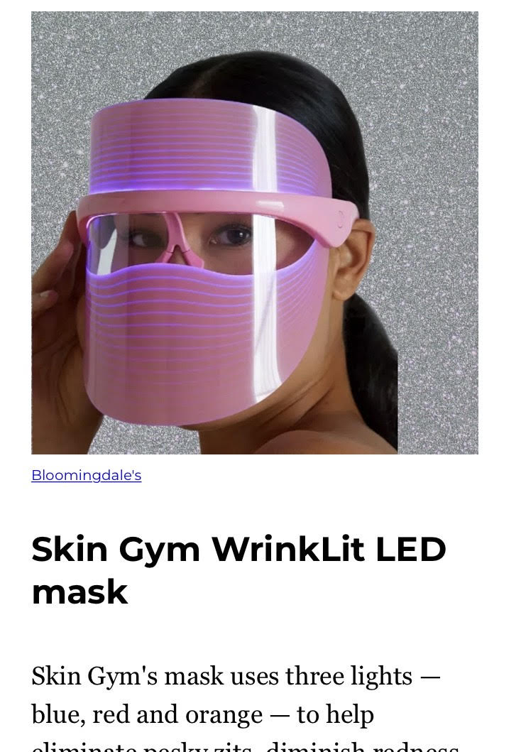 woman wearing a futuristic pink face mask above a headline that reads "Skin Gym WrinkLit LED mask"