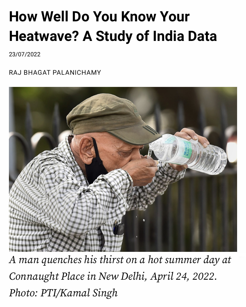 man in a hat drinking water from his palm he pours into it from a bottle beneath a headline that reads "How Well Do You Know Your Heatwave A Study of India Data"