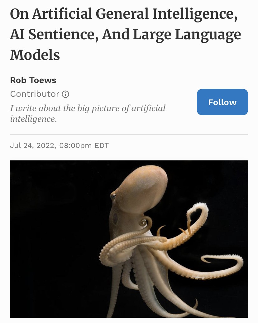 a floating octopus beneath a headline that reads "On Artificial General Intelligence, AI Sentience, And Large Language Models"