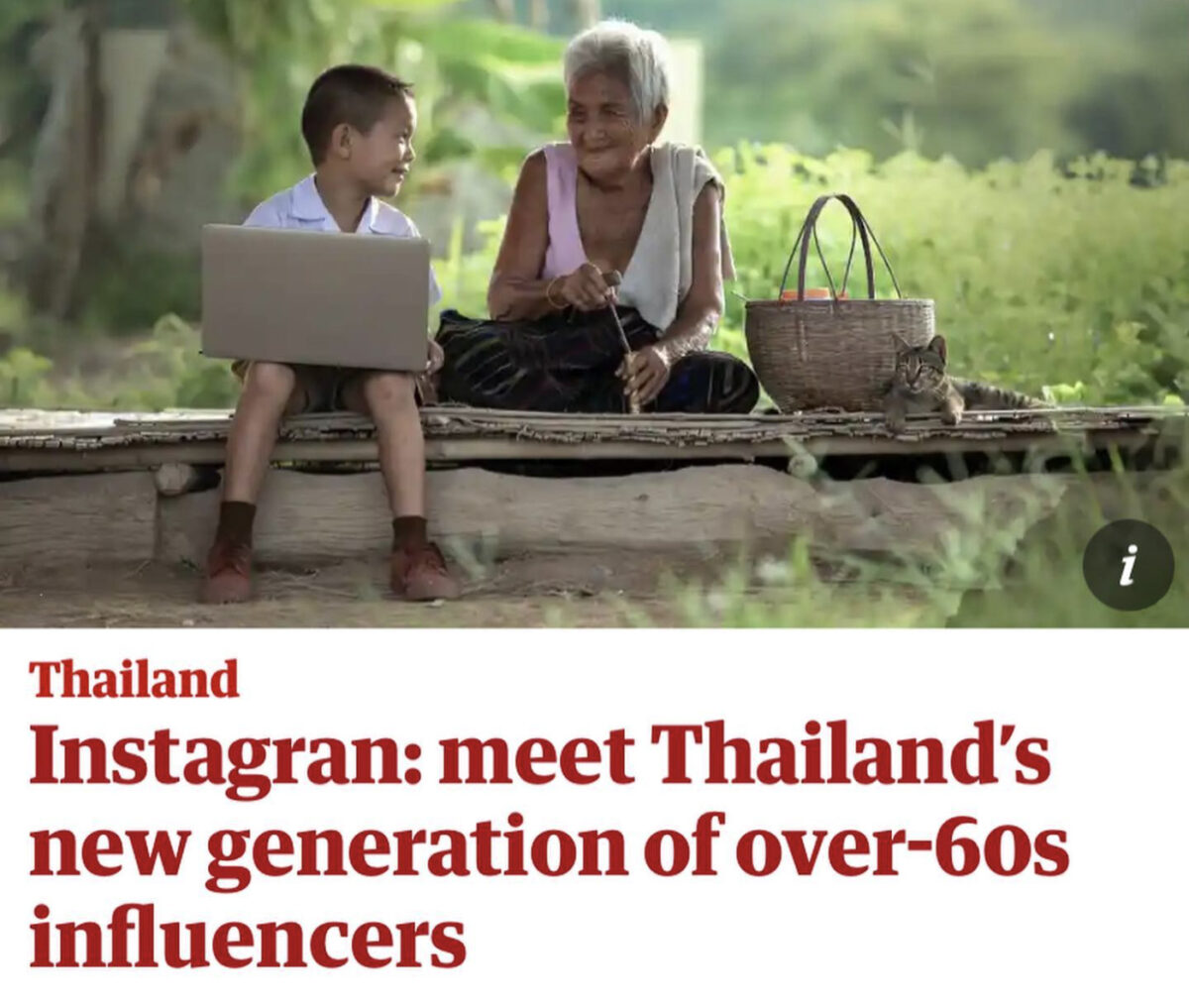 an elderly Thai woman sits in a garden next to a young boy holding a laptop above a headline that reads "Instagran: meet Thailand’s new generation of over-60s influencers"