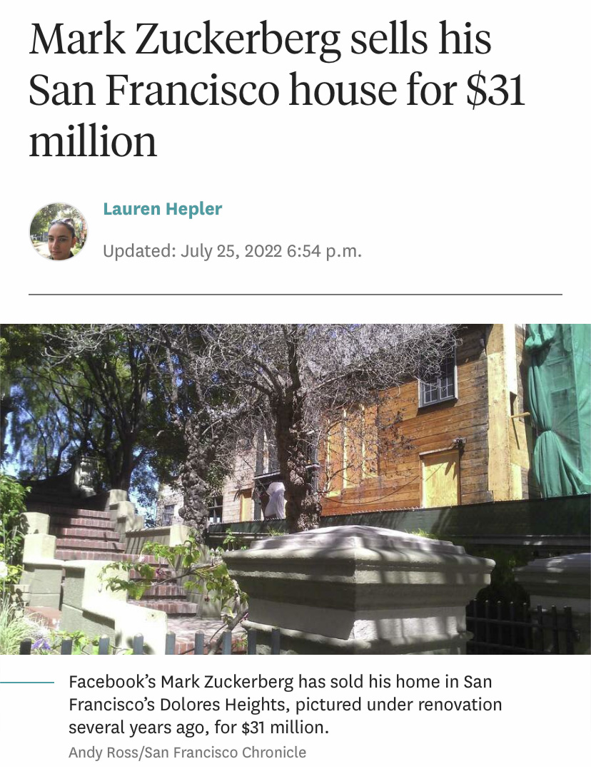 a large home under construction beneath a headline that reads "Mark Zuckerberg sells his San Francisco house for $31 million"