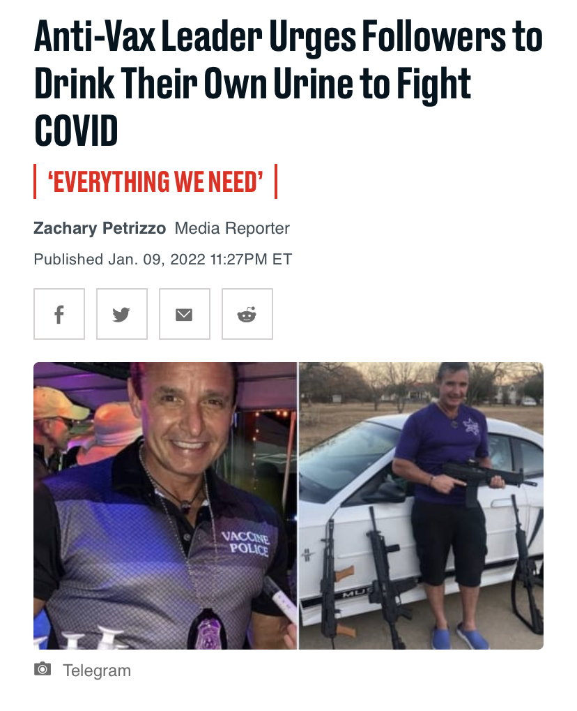 Old man in shirt that reads 'vaccine police' stands next to a white car holding a gun below a headline that reads "Anti-Vax Leader Urges Followers to Drink Their Own Urine to Fight COVID"