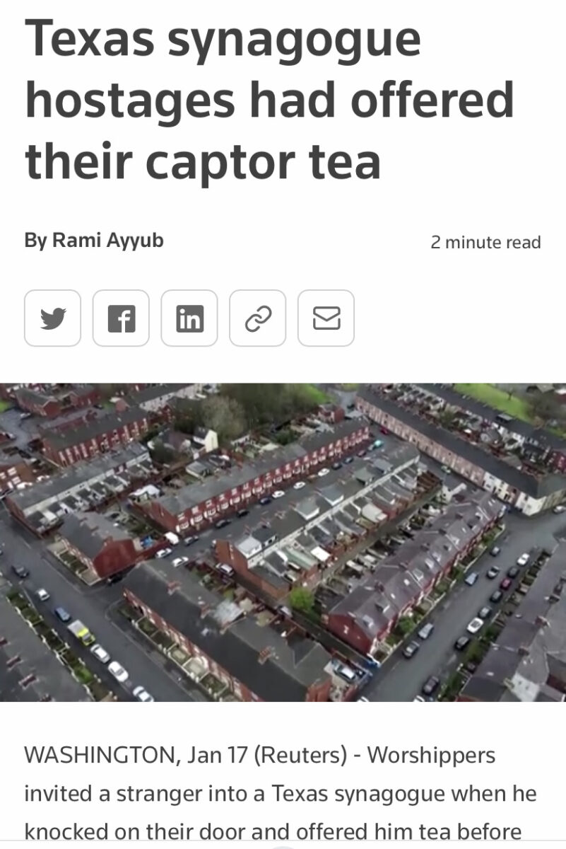 helicopter view of a suburban neighborhood below a headline that reads "Texas synagogue hostages had offered their captor tea"