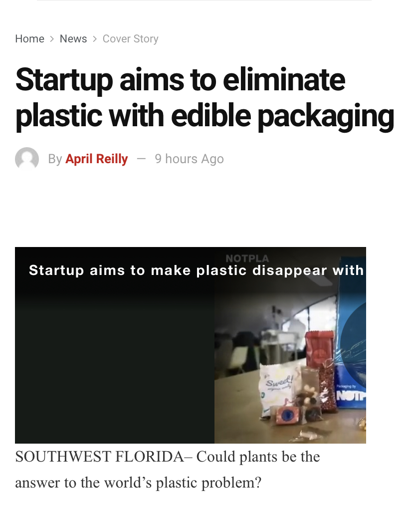 food packaging below oa headline that reads "Startup aims to eliminate plastic with edible packaging"