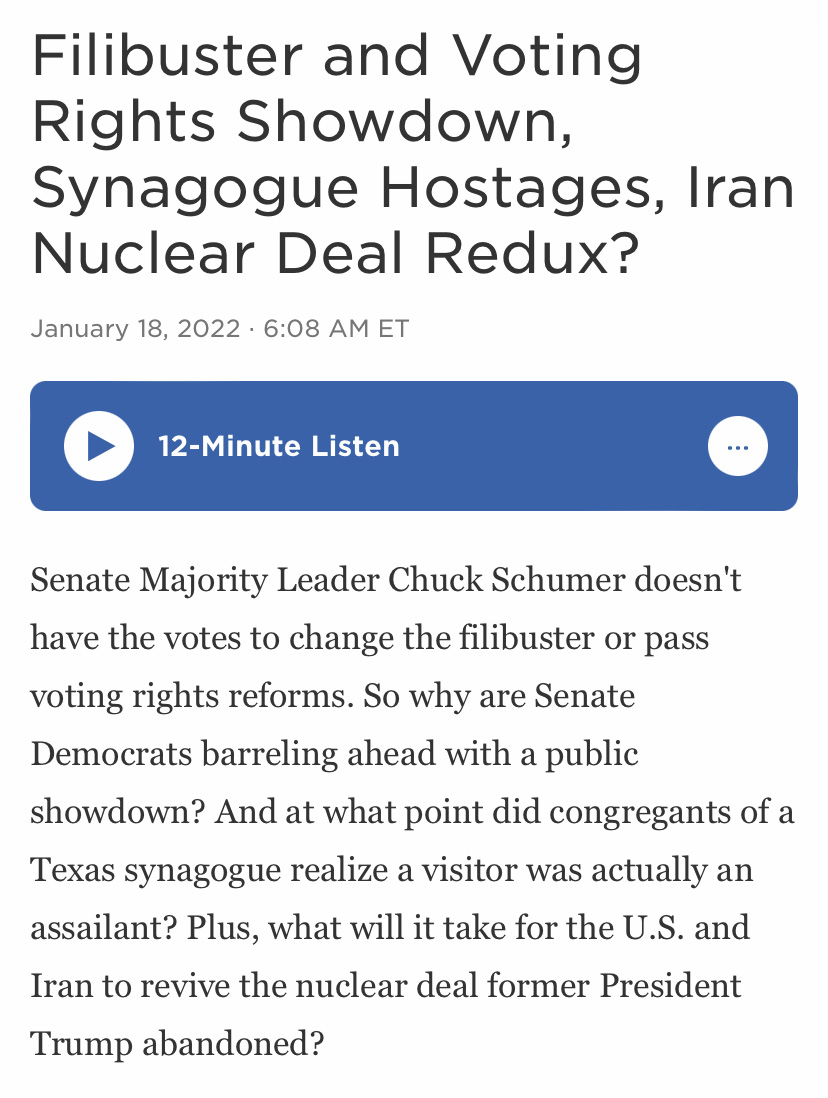 news article screenshot with headline that reads "Filibuster and Voting Rights Showdown, Synagogue Hostages, Iran Nuclear Deal Redux?"